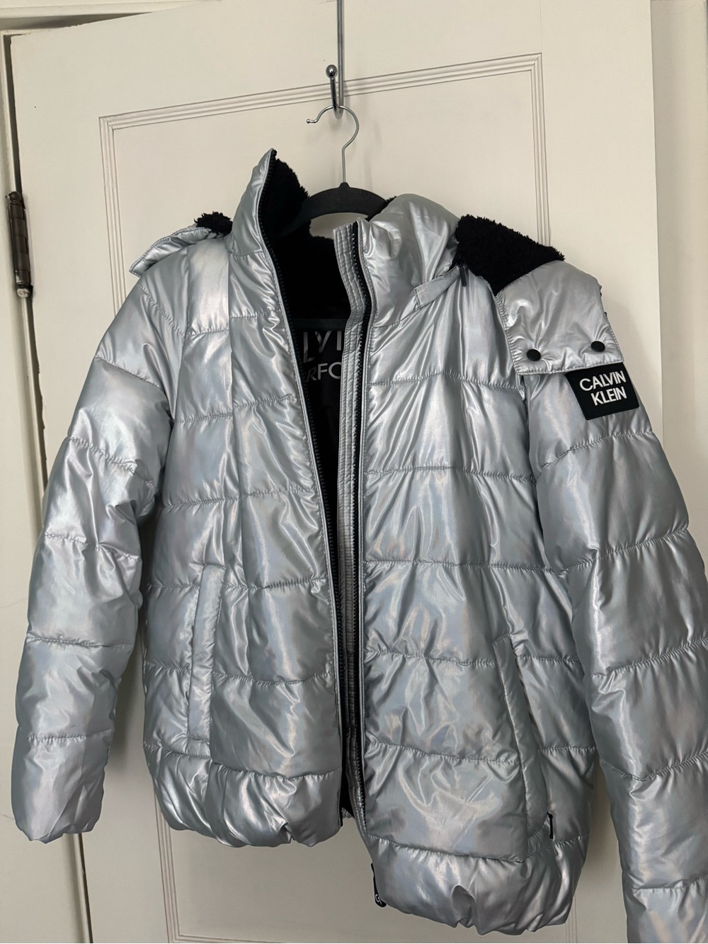 Calvin Klein Performance Metallic Silver Puffer Ski Jacket with Black Trim